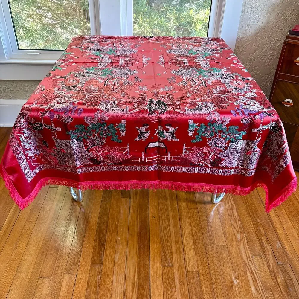 Vintage Chinese Scenic Fringed Tablecloth 74x55 Red Satin Brocade Shawl Tapestry